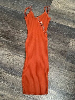 Slim Ribbed Orange Midi Slip Dress with Safety Pin Detail